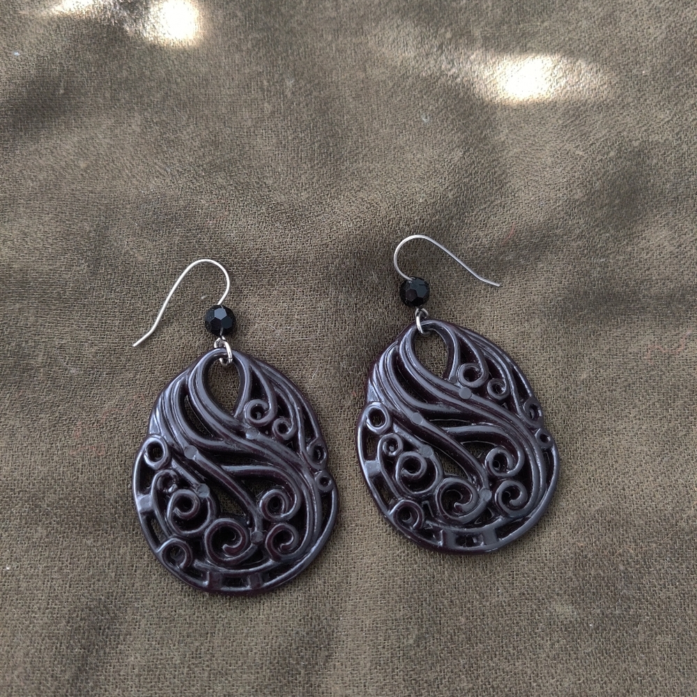 Black enamel swirl earrings